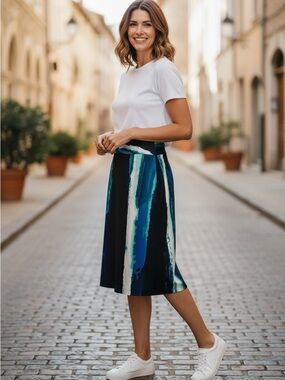 Calvin Klein Black Skirt with Teal and White Painterly Stripes